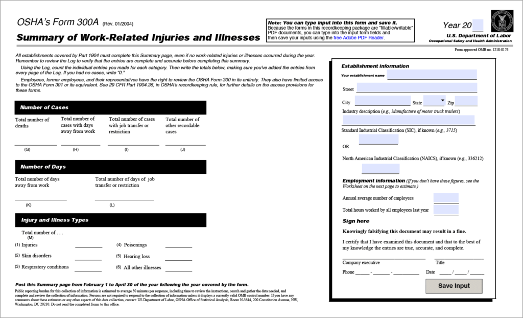 Osha Form 300A Printable